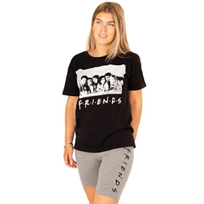 Image of FRIENDS Pyjamas For Women Adults Portrait Black T Shirt With Charcoal Logo Cycle Shorts TV Show Loungewear Merchandise
