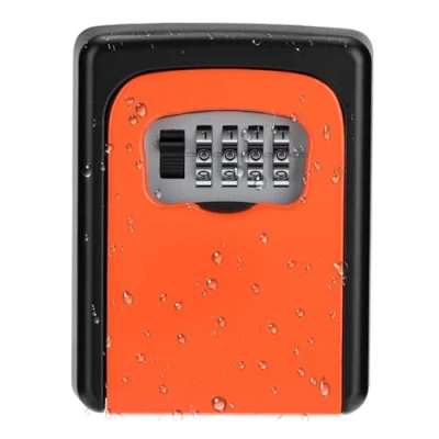 Image of ZHEGE Key Box Wall Mounted Lockbox, 4 Digit Combination Safe Small, Weatherpropof Lock for Spare Storage at Home Garage AirBnB Office, Orange