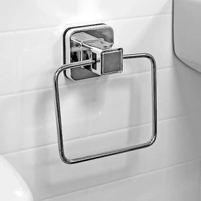 Image of Pushloc Wall Mounted Double Edge Suction Towel Ring, Chrome, No Drilling, Easy Installation