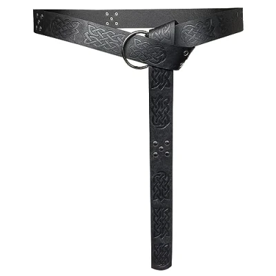Image of HiiFeuer Medieval Embossed PU Leather O Ring Belt, Retro Renaissance Knight Belt (Black C)