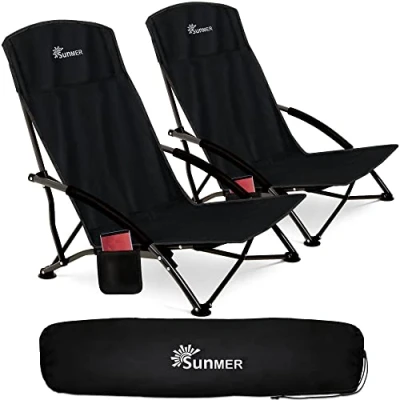 Image of SUNMER Set of 2 Folding Beach Chair with Side Pocket &amp; Carry Bag Foldable Low Camping Chair, Compact, Lightweight, Portable Chairs, 120kg Capacity Black
