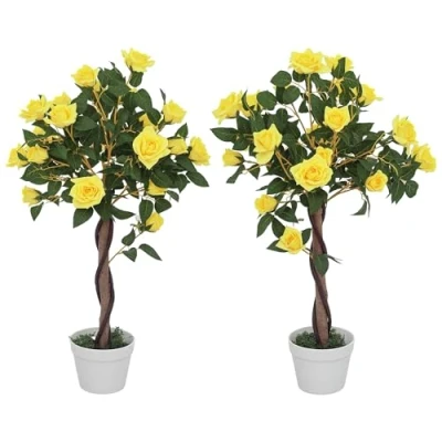 Image of Outsunny Set of 2 90cm/3FT Artificial Rose Tree, Fake Decorative Plant with Pot, Indoor Outdoor Faux Decoration Home Office Décor, Yellow