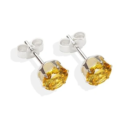 Image of Sterling silver 6mm Citrine CZ crystal stud earrings. Gift box