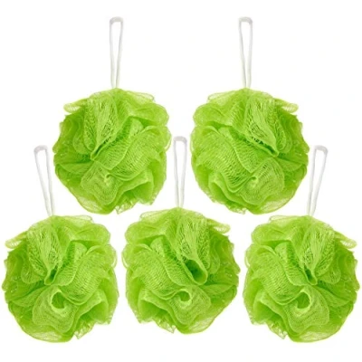 Image of BRUBAKER Cosmetics Premium Bath &amp; Shower Sponge Exfoliating Body Pouf with String for Hanging 5 Pack Green
