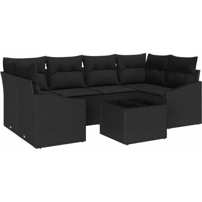 Image of vidaXL 7 Piece Garden Sofa Set with Cushions Black Poly Rattan