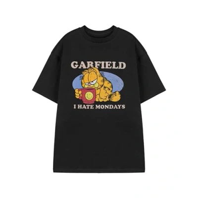 Image of Garfield Mens Black Short Sleeve Tee I Hate Mondays Character Graphic T Shirt Classic Cartoon Cat Apparel Top for Men Retro Comic Strip Merchandise Gift