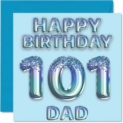 Image of 101st Birthday Card for Dad Blue Glitter Party Balloons Happy Cards 101 Year Old Father from Son Daughter, 145mm x Bday Greeting Gift