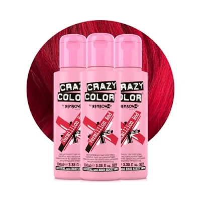Image of Crazy Color Vibrant Vermillion Red Semi Permanent Trio Hair Dye. Highly Pigmented Scarlet Conditioning &amp; Oil Nourishing Vegan Formula No Bleach or Ammonia 300ml