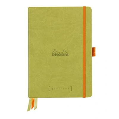 Image of RHODIA 118575C Bullet Journal Goalbook Anis Rigid Notebook A5 Dotted Dot 240 Pages White Clairefontaine Paper 90g 3 Ribbons, Elastic Closure Faux Leather Cover