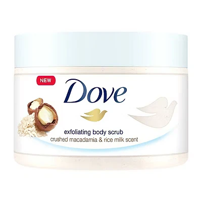 Image of Dove Crushed Macadamia &amp; Rice Milk Exfoliating Body Scrub Macada Jar 225ml Bulk Buy 4 Pack