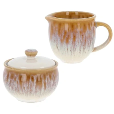 Image of Lesser &amp; Pavey Reactive Glaze Gold or Blue Kitchen Tea Coffee Hot Drink Sets Cup Saucer, Sugar Cream Set, Jug Teapot (Gold, Cream)