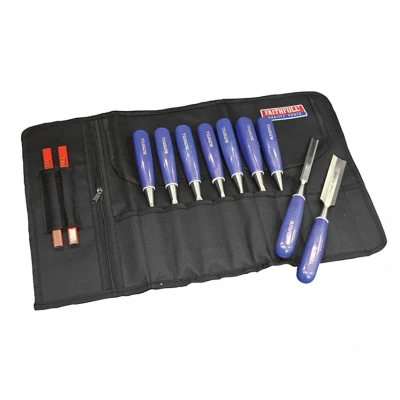 Image of Faithfull FAICR12 12 Pocket Chisel Roll With Zip Up Compartment, Blue, Approximate Size: 32 x 68 cm