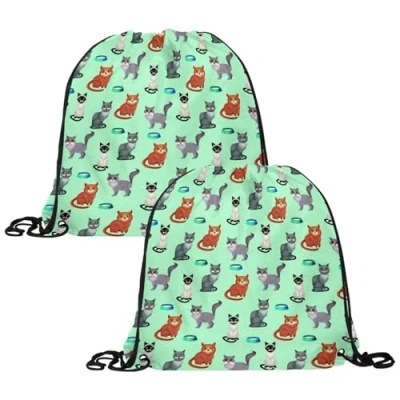 Image of VAPOKF 2PCS Drawstring Bags, PE Gym Bag, Personalised String Swim Trainer Bag for School Sports Travel, Cats with Food Bowls