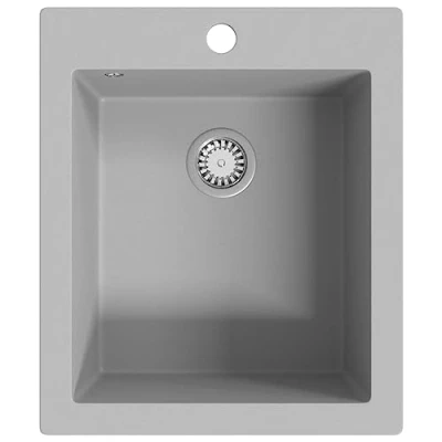 Image of vidaXL Overmount Single Basin Kitchen Sink Granite Grey, Heat Resistant, Stain Proof Plumbing Fixture with Basket Strainer, Easy Install