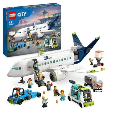 Image of LEGO City Passenger Aeroplane Toy Building Set, Large Plane Model with Airport Ground Crew Vehicles: Apron Bus, Pushback Tug, Catering Loader, Baggage Truck plus 9 Minifigures 60367