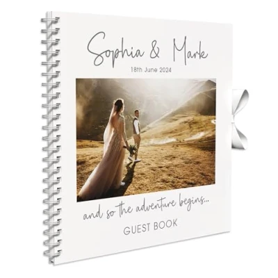 Image of Personalised Photo Wedding Guest Book Keepsakes,Signature Scrapbook, Album Couple 20cm x 20 cm 50 Sheets (The Adventure Begins, White)