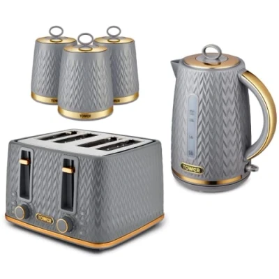 Image of TOWER Empire Grey Kitchen Set Including Jug Kettle, 4 Slice Toaster and of 3 Tea, Coffee &amp; Sugar Canisters. Matching Art Deco Design 5 Items in with Brass Accents