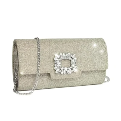 Image of Miss Lulu Women&#039;s Elegant Chain Clutch Bag Sparkling Rhinestone Evening Handbag for Weddings, Parties &amp; Banquets (Gold)