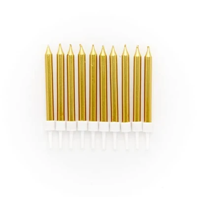 Image of Amscan 9911937 Metallic Gold Cake Candles &amp; Holders 10 Pack
