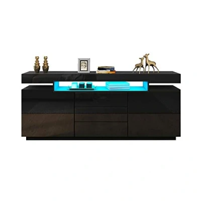 Image of Senvoziii LED Sideboard Cupboard Cabinet High Gloss 2 Doors 3 Drawers Storage with Open Case TV Stand Unit for Dining Room Living Kitchen