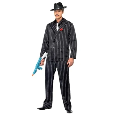 Image of Smiffys Zoot Suit Costume, Male, Black Jacket Rose in Lapel, Trousers, Shirt Front &amp; Tie, 1920&#039;s Razzle Fancy Dress, 1920s Dress Up Costumes
