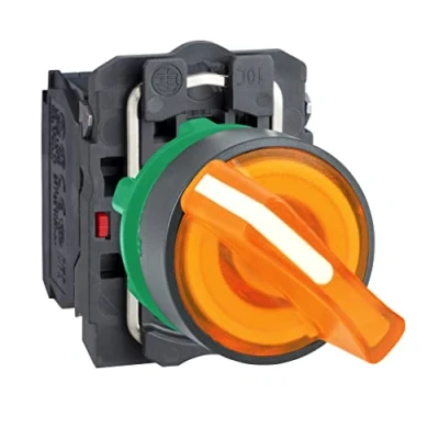 Image of Schneider Electric Harmony XB5 Illuminated Selector Switch, Plastic, 2 Positions, Stays Put, Standard handle, 1NO + 1NC, 24V AC/DC, 22mm Mount, XB5AK125B5, Orange