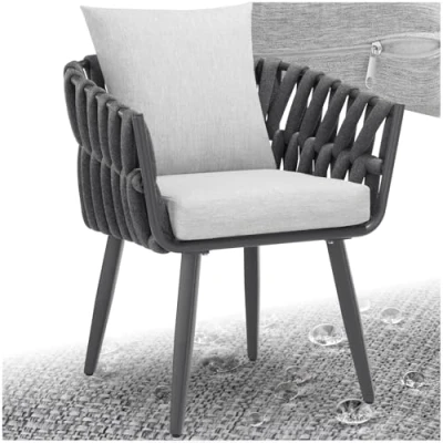 Image of TecTake® Armchair in Rope Design with Weather Resistant Aluminium Frame, Thick Seat &amp; Back Cushion Water Repellent Covers, Height Adjustable Feet Easy Assembly Ideal Patio Garden Chair