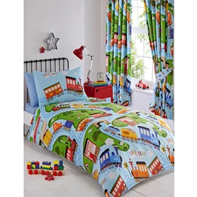 Image of Kids Club Trains Fully Lined Pencil Pleat Headed Curtains, Polyester Cotton, Multi Colour, 182 x 167 cm