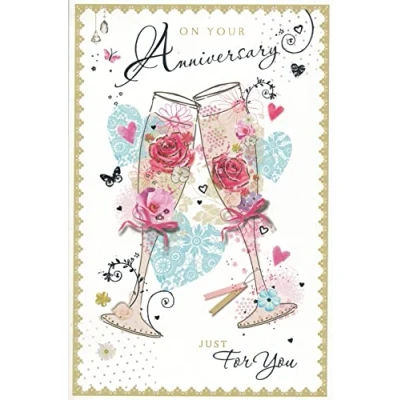 Image of On your anniversary card. Champagne glasses. 9 x 6 inches