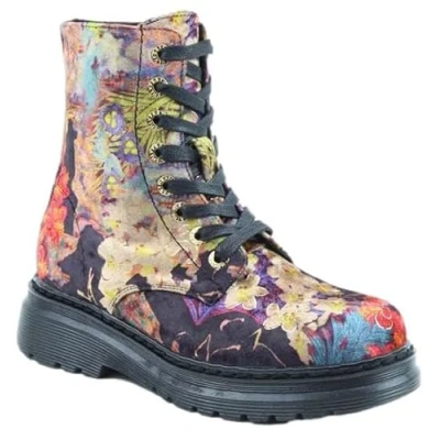 Image of Heavenly Feet Velour Floral Ankle Boots Lace Up Memory Foam Casual Boot With Full Side Zip (Black Multi, UK Footwear Size System, Adult, Women, Numeric, Medium, 4)