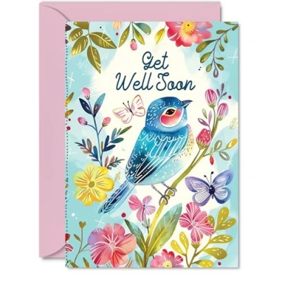 Image of Get Well Soon Cards Floral Blue Bird Butterfly Speedy Recovery Card, A5 Flowers Operation Greeting