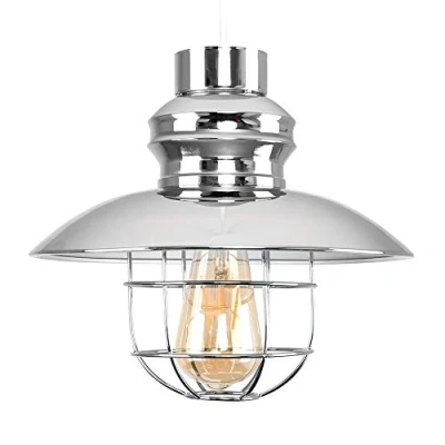 Image of MiniSun Modern Chrome/White Metal Fisherman&#039;s Style Ceiling Pendant Light Shade Complete with a 4w LED Filament Bulb [2700K Warm White]