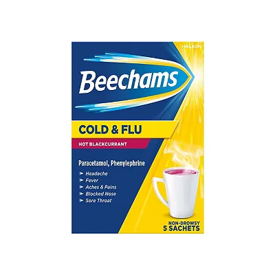 Image of Beechams Cold &amp; Flu Hot Blackcurrant 5 Sachets