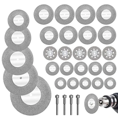 Image of KINDPMA 32pcs Diamond Cutting Disc Glass with Mandrels 16/20/22/25/30/40/50/60mm Rotary Tool Mini Discs for Wood Plastic Stone Metal