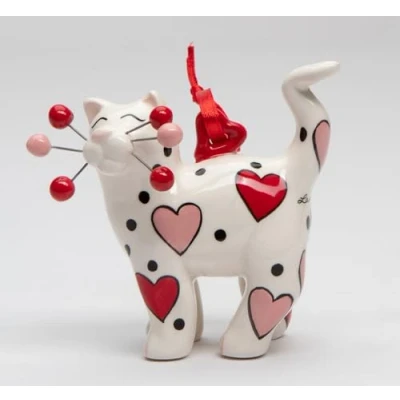 Image of Cosmos Gifts 56614 Ceramic Whisker Cat with Pink &amp; Red Hearts Ornament Figurine Design by Amy Lacombe