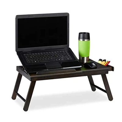 Image of Relaxdays Bamboo Table, Height Adjustable Laptop Stand, Folding Tray with Drawer, Dark Brown, HWD: 25x60x35cm