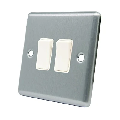 Image of AET CSC2GSWIWH Satin Chrome Classical White Insert Plastic Rocker Switches 10 Amp Double 2 Gang Way Light Switch, 240 V