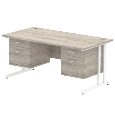 Image of Impulse 1600x800 Desk Grey White Oak Cantilever + 2x Fixed Pedestal