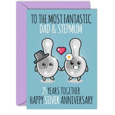 Image of Cute Silver Anniversary Card for Dad &amp; Step Mum 25 Years Together Happy 25th Wedding Cards Dad, A5 Greeting Twenty Fifth Anniversaries