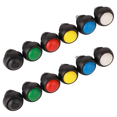 Image of GTIWUNG 12Pcs Momentary Push Button Switch, 2 Pins SPST Waterproof Mini Pushbutton Switches Horn Lockless ON/OFF Switch(Black White Red Green Yellow Blue, each)
