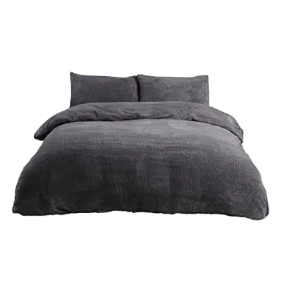 Image of Sleepdown Teddy Fleece Duvet Cover Quilt Bedding Set with Pillow Cases Thermal Warm Cosy Super Soft King Charcoal, 5056242736356