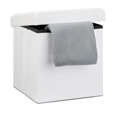 Image of Relaxdays Folding Ottoman Seat 38 x cm Sturdy Storage Chair and Practical Footstool, Faux Leather Box with Removable Lid, White