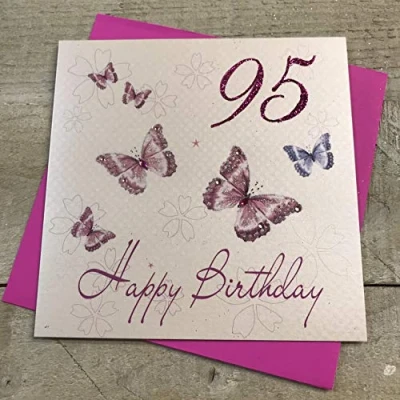 Image of White Cotton Cards Happy 95, Handmade 95th Birthday Card (Pink, Butterflies)