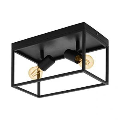 Image of Eglo Silentina 2 Buld Flush Ceiling Light, Industrial Design Living Room, Kitchen and Hallway Spotlight, Black Steel Pendant Lighting