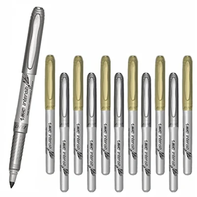Image of 12 x BIC Intensity, Fine Point, Metallic Permanent Marker Pens For Glass, Metal, CDs, Coated Paper, Photos &amp; Plastics [Gold Silver]