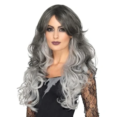 Image of Smiffys Deluxe Gothic Bride Wig, Grey Heat Resistant/Styleable, Halloween Fancy Dress Accessory, Up Wigs