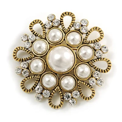 Image of Avalaya Vintage Wedding Imitation Pearl Crystal Brooch (Burn Gold Tone)