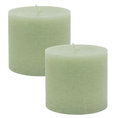 Image of Carousel Home Pack of 2 Light Green Unscented Pillar Candle Church Votive Lantern Block Decorative Chunky 10x9cm