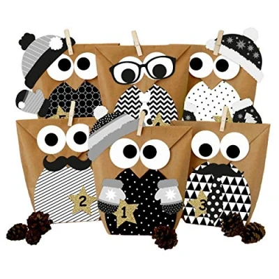Image of Papierdrachen DIY Advent calendar for you to craft yourself Festive owls Christmas 2018 black and white set with additional decoration
