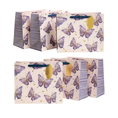 Image of UK Greetings Multipack of 6 Large Gift Bags with Tags for Her/Friend Butterfly Design, Pink, Purple, Gold, 266mm x 330mm 139mm